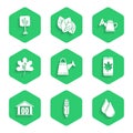 Set Watering can, Corn, drop, Leaf on mobile phone, Farm house, leaves, and Tree icon. Vector