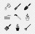 Set Watering can, Gardening handmade scissor, trowel spade shovel, fork, Flower pot, rake leaves, hose fire hose and saw Royalty Free Stock Photo