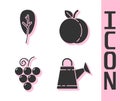 Set Watering can, Leaf or leaves, Grape fruit and Peach fruit icon. Vector