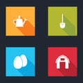 Set Watering can, Shovel, Chicken egg and Farm house icon. Vector