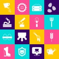 Set Watering can, Wheat, Garden pitchfork, Bag of flour, Wooden axe, hose, and Shovel icon. Vector