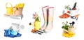 Set with watering cans and different gardening tools on white background. Banner design Royalty Free Stock Photo
