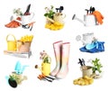 Set with watering cans and different gardening tools on white background Royalty Free Stock Photo