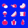 Set Watermelon, Bell pepper, Pear, Bread toast, Tomato, Ice cream in the bowl, Steak meat and loaf icon. Vector