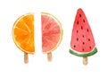 Set of watermelon and citrus ice-creams. Hand drawn watercolor illustration isolated on white background