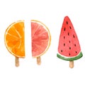 Set of watermelon and citrus ice-creams. Hand drawn watercolor illustration isolated on white background. Vector
