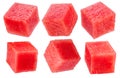 Set of watermelon cubes isolated on white background. File contains clipping paths