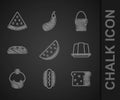 Set Watermelon, Hotdog, Bread toast, Jelly cake, Muffin, loaf, Chicken egg stand and icon. Vector