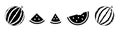 Set watermelon icons black color. Half and whole, round piece, and triangular slice.