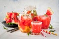 Set of watermelon summer drinks and cocktails: sangria, juice co Royalty Free Stock Photo