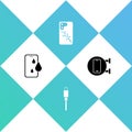 Set Waterproof phone, USB cable cord, Mobile with broken screen and Phone repair service icon. Vector Royalty Free Stock Photo