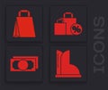 Set Waterproof rubber boot, Paper shopping bag, Shoping bag with discount and Stacks paper money cash icon. Vector
