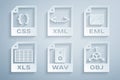 Set WAV file document, EML, XLS, OBJ, XML and CSS icon. Vector Royalty Free Stock Photo