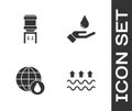 Set Waves of water and evaporation, Water cooler, Earth planet in drop and Washing hands with soap icon. Vector