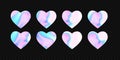 Set of wavy hologram hearts in y2k style.