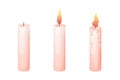 Set wax candle stages burning with fire, flame in cartoon style isolated on white background. Animation objects Royalty Free Stock Photo