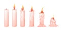 Set wax candle stages burning with fire, flame in cartoon style isolated on white background. Animation objects Royalty Free Stock Photo
