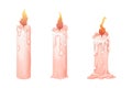 Set wax candle stages burning with fire, flame in cartoon style isolated on white background. Animation objects Royalty Free Stock Photo