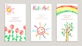 Set of wax crayon kid`s drawn colorful cards with hand drawing flowers, rainbow, sun, tree, letters on white.