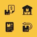 Set Waybill, Return cardboard box, and Full warehouse icon with long shadow. Vector