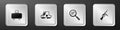 Set Weapon case, Collimator sight, Pistol gun search and Tommy icon. Silver square button. Vector Royalty Free Stock Photo