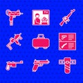 Set Weapon case, Pistol or gun, Knife holster, catalog, Mauser, MP9I submachine, M16A1 rifle and UZI icon. Vector