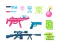 A set of weapon icons in pixel art style. Guns, money, knife and other signs Royalty Free Stock Photo