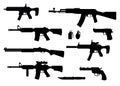 Set of weapon military rifle, revolver and desert eagle pistol, shotgun carbine, grenade, knife and submachine gun black simple