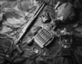 Set of weapons of a fighter of a special unit. Shotgun, ammo, grenade, handcuffs and gas mask. Top view