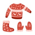 Set wear retro christmas on white background. Sweater, mitten and sock from wool sketch hand drawn in style doodle