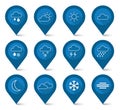 Set of weather blue icons - map pointer style Royalty Free Stock Photo