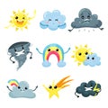 Set of weather forecast icons with funny faces. Cartoon sun, cute rainbow, falling star, angry tornado, sad, happy and