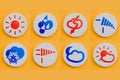 Set of weather forecast icons for web site or mobile application. Realism design concept. Red and blue painted symbols on white Royalty Free Stock Photo