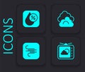 Set Weather forecast, Water drop percentage, Cloud and Wind icon. Black square button. Vector Royalty Free Stock Photo