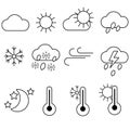 A set of weather icons in black and white. Cloud, moon, thermometer, sun, rain, snow Royalty Free Stock Photo