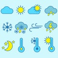 Set of weather icons in blue, blue, yellow. Cloud, moon, thermometer, sun, rain, snow Royalty Free Stock Photo