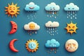 Set of weather icons with clouds, sun, moon and stars