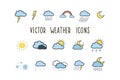 Set of weather icons. Colored illustrations by hand in the style of doodle. Weather symbols Royalty Free Stock Photo