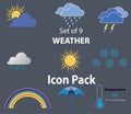 Set of 9 weather icons vector illustration - clouds, sun, raindrops, snowflake, temperature