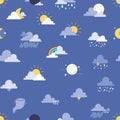 Set of weather icons vector illustration. Sun, cloud, rain, moon and weathercock seamless pattern background Royalty Free Stock Photo