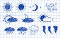 Set of Weather icons. Weathers icons doodle set. Weather vector icons. Weather forecast sign symbols. Weathers signs