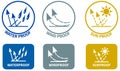 Set of weather resistance icons. Water wind and sun proof signs in circle and rounded square, can be used on textiles