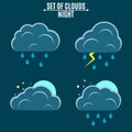 Set. Weather. A simple illustration in a flat style. Night sky. Thunderstorm with rain and three-dimensional clouds. Blue m Royalty Free Stock Photo