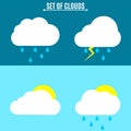 Set. Weather. A simple illustration in a flat style. Thunderstorm and rain on a dark background. Sun and clouds on a light Royalty Free Stock Photo