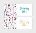 Set of web banner templates decorated by hand drawn stationery, writing utensils, office tools and place for text on Royalty Free Stock Photo