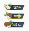 Set of web banners decorated by exotic coconut, palm branches and blooming flowers isolated on white background. Hand