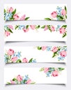 Set of web banners with pink, blue, and white flowers. Vector illustration Royalty Free Stock Photo