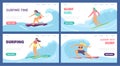 Set of web banners with surf girls who surfing on surfboard in blue waves. Royalty Free Stock Photo