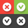 A set web buttons - green check mark, red cross and gray variants signs. Vector flat illustrations. Royalty Free Stock Photo