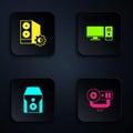 Set Web camera, Case of computer, Uninterruptible power supply and Computer monitor. Black square button. Vector Royalty Free Stock Photo